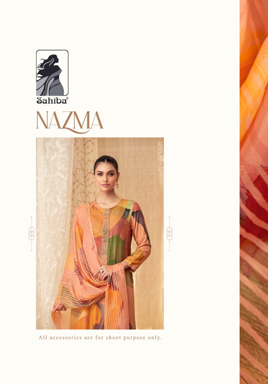 Nazma By Sahiba Stape Twill Digital Printed Dress Material Wholesale Shop In Surat